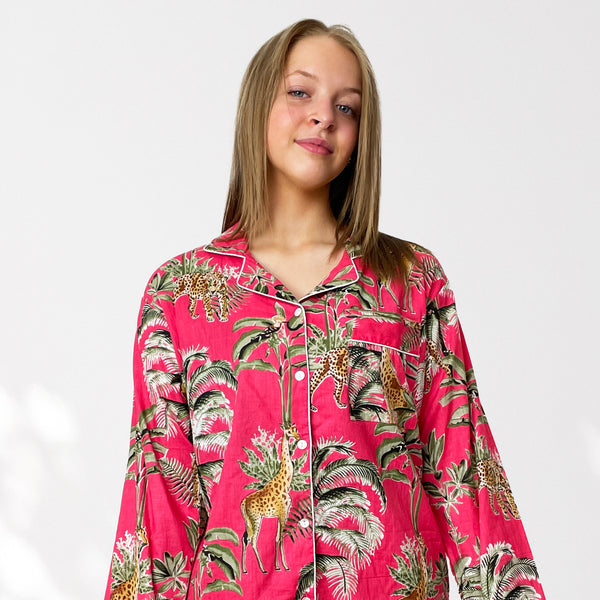Giraffe Print 100% Cotton Long Pyjama Set in Pink