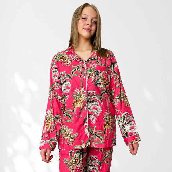 Giraffe Print 100% Cotton Long Pyjama Set in Pink