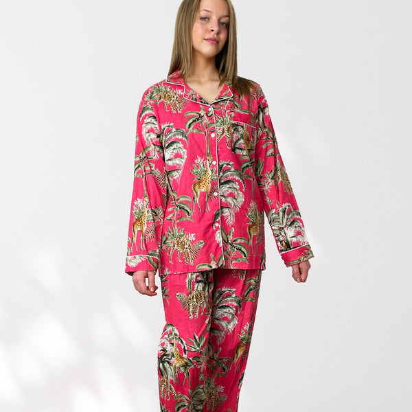 Giraffe Print 100% Cotton Long Pyjama Set in Pink