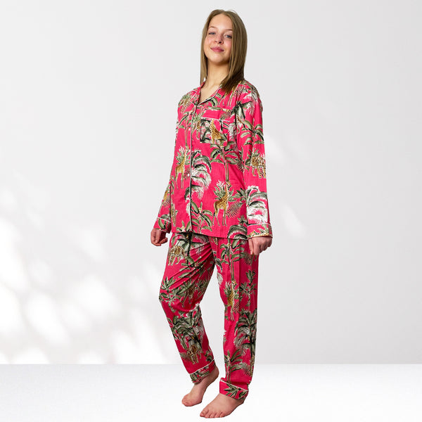Giraffe Print 100% Cotton Long Pyjama Set in Pink