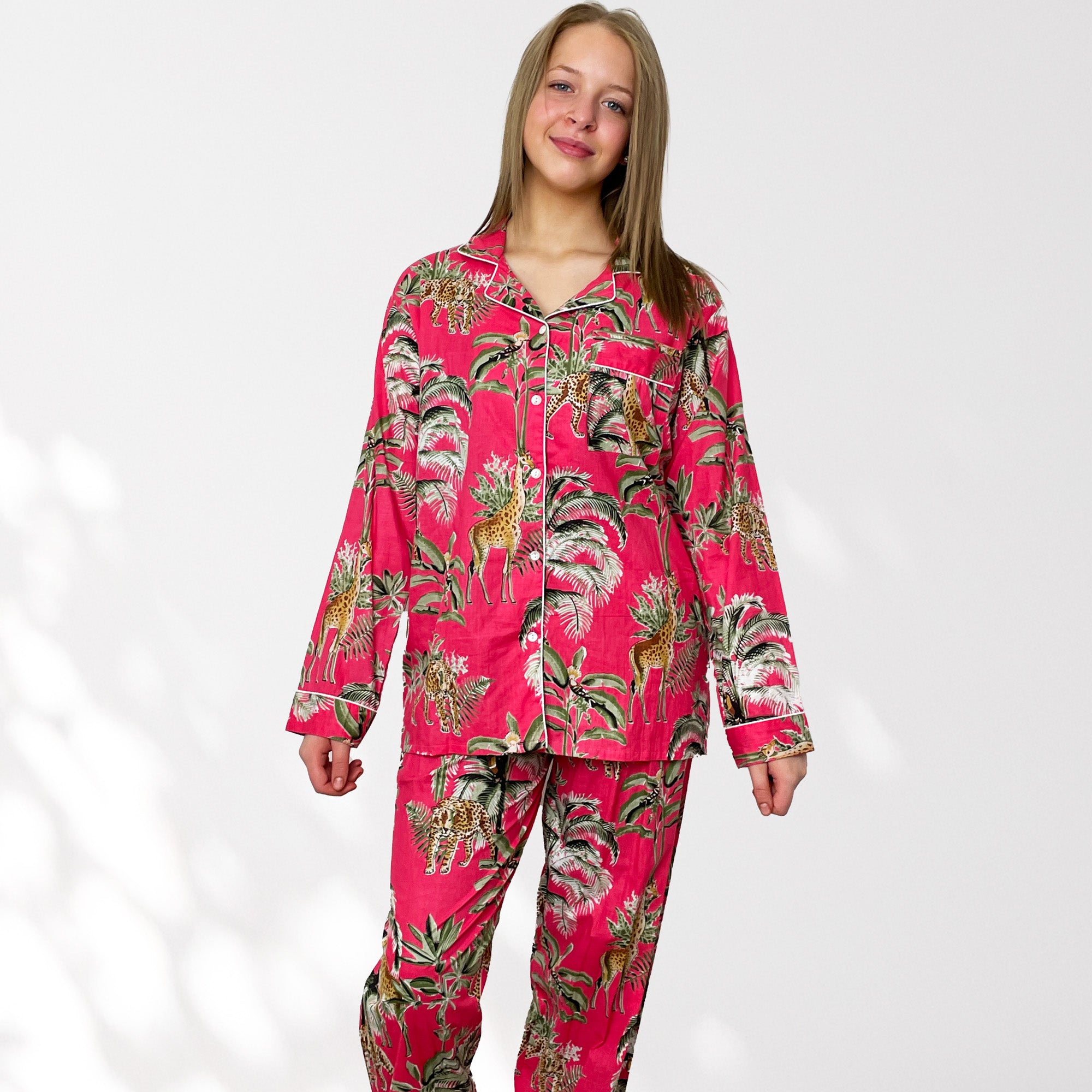 Giraffe Print 100% Cotton Long Pyjama Set in Pink