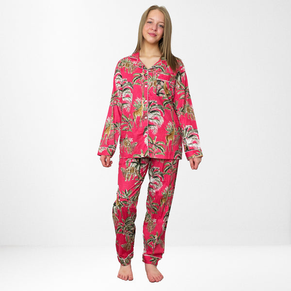 Giraffe Print 100% Cotton Long Pyjama Set in Pink
