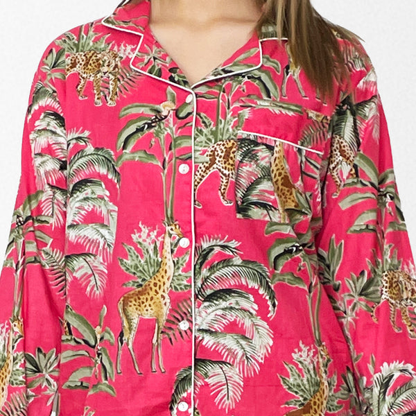 Giraffe Print 100% Cotton Long Pyjama Set in Pink