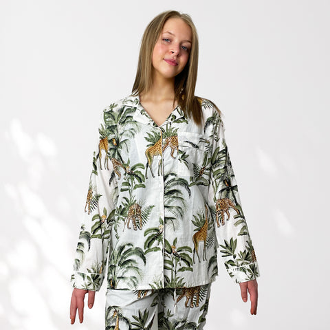 Giraffe Print 100% Cotton Long Pyjama Set in White