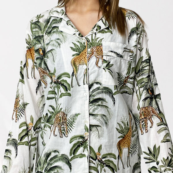 Giraffe Print 100% Cotton Long Pyjama Set in White