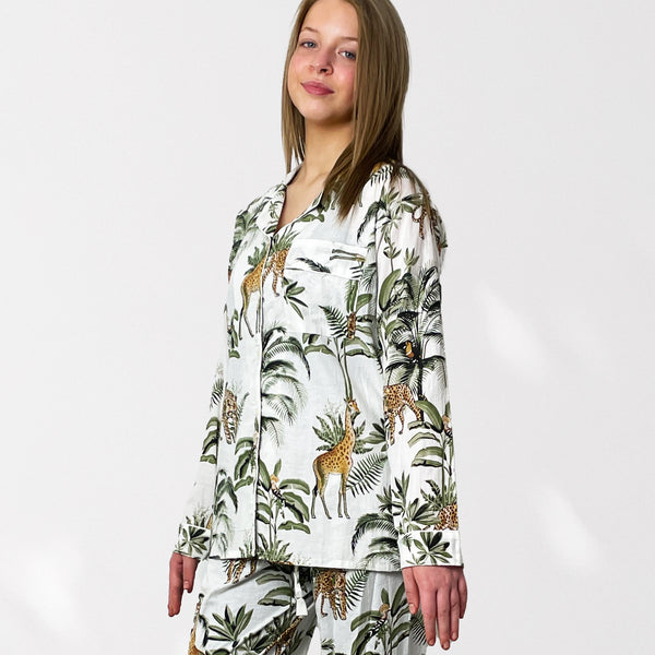 Giraffe Print 100% Cotton Long Pyjama Set in White