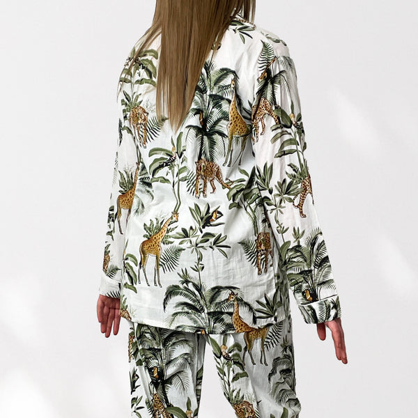 Giraffe Print 100% Cotton Long Pyjama Set in White