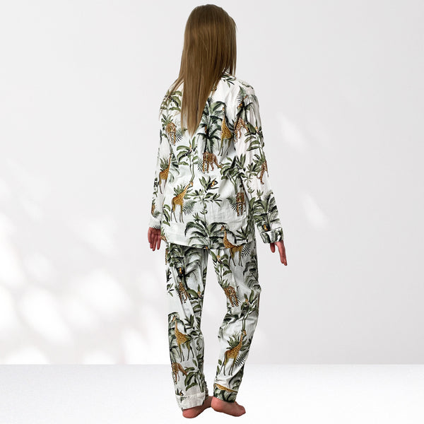 Giraffe Print 100% Cotton Long Pyjama Set in White