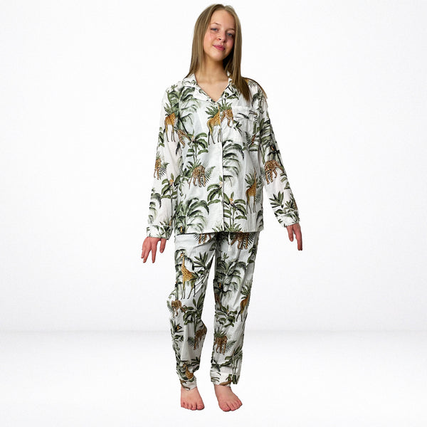 Giraffe Print 100% Cotton Long Pyjama Set in White