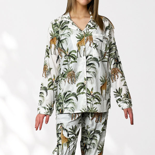 Giraffe Print 100% Cotton Long Pyjama Set in White