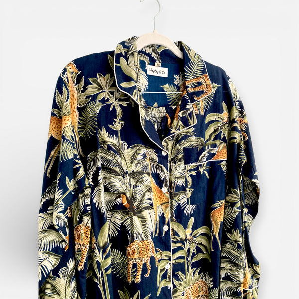 Giraffe Print 100% Cotton Long Pyjama Set in Dark Blue