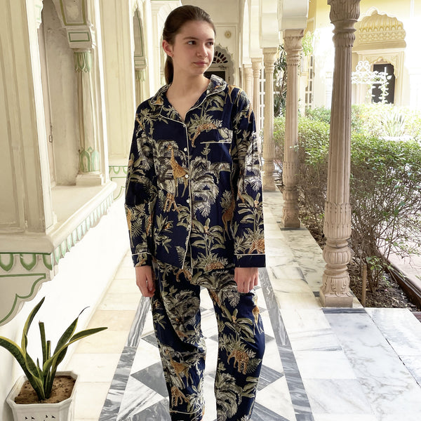 Giraffe Print 100% Cotton Long Pyjama Set in Dark Blue