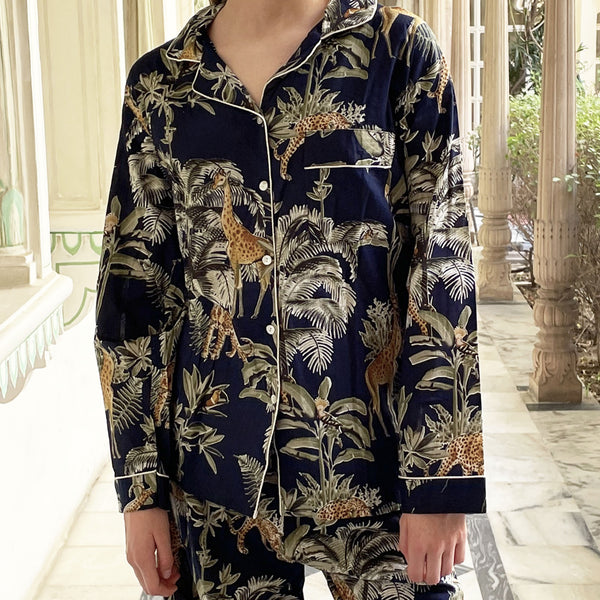 Giraffe Print 100% Cotton Long Pyjama Set in Dark Blue
