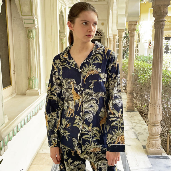 Giraffe Print 100% Cotton Long Pyjama Set in Dark Blue