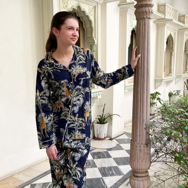 Giraffe Print 100% Cotton Long Pyjama Set in Dark Blue