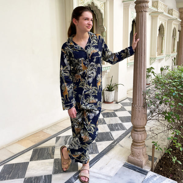 Giraffe Print 100% Cotton Long Pyjama Set in Dark Blue