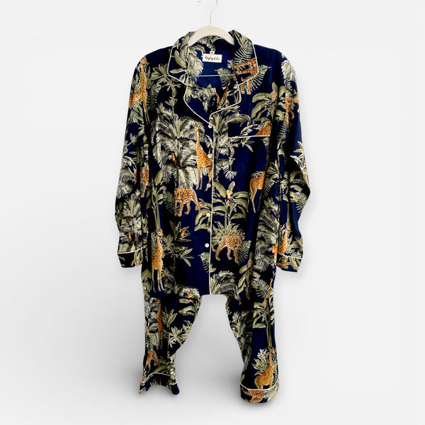 Giraffe Print 100% Cotton Long Pyjama Set in Dark Blue