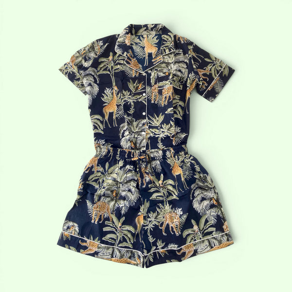 Giraffe Print 100% Cotton Short Pyjama Set in Dark Blue