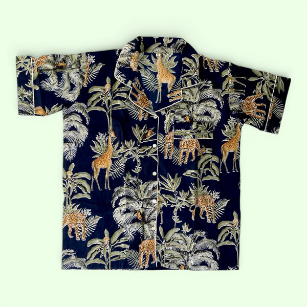 Giraffe Print 100% Cotton Short Pyjama Set in Dark Blue