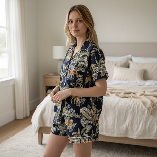 Giraffe Print 100% Cotton Short Pyjama Set in Dark Blue