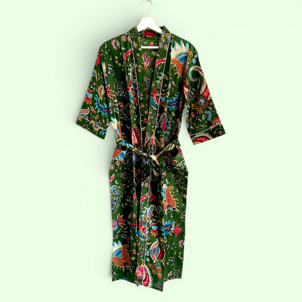 Green Floral Block Print 100% Cotton Dressing Gown