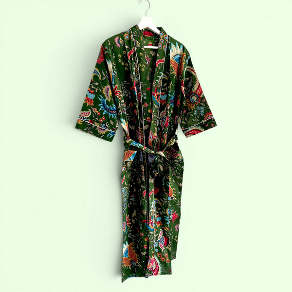 Green Floral Block Print 100% Cotton Dressing Gown