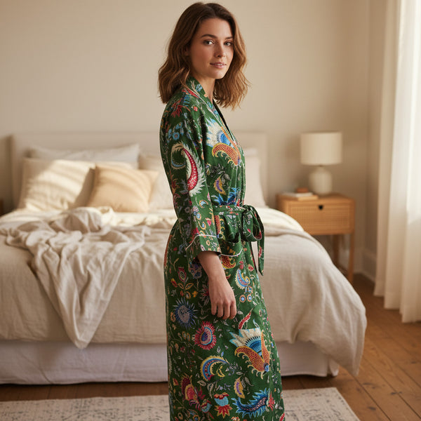 Green Floral Block Print 100% Cotton Dressing Gown