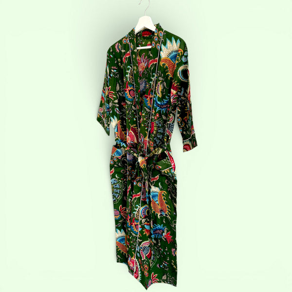Green Floral Block Print 100% Cotton Dressing Gown