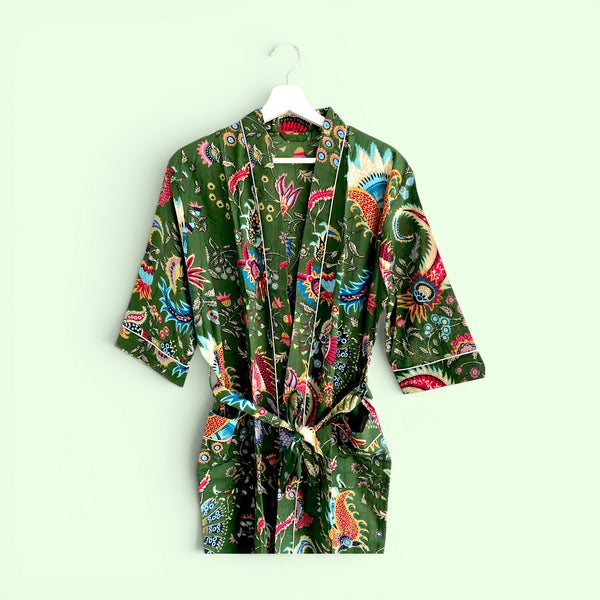 Green Floral Block Print 100% Cotton Dressing Gown