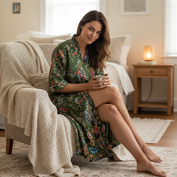 Green Floral Block Print 100% Cotton Dressing Gown