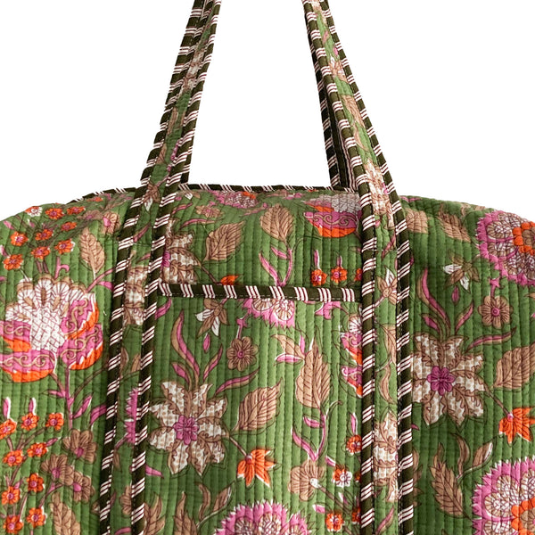 Green Floral Block Print Cotton Quilted Weekend Duffle Bag