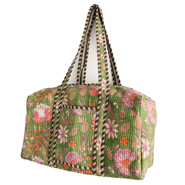 Green Floral Block Print Cotton Quilted Weekend Duffle Bag