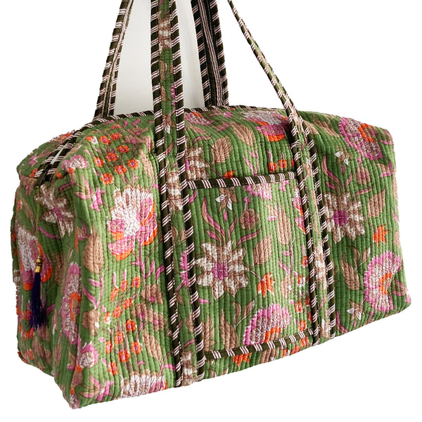 Green Floral Block Print Cotton Quilted Weekend Duffle Bag