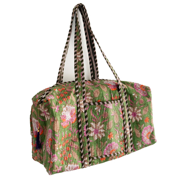 Green Floral Block Print Cotton Quilted Weekend Duffle Bag