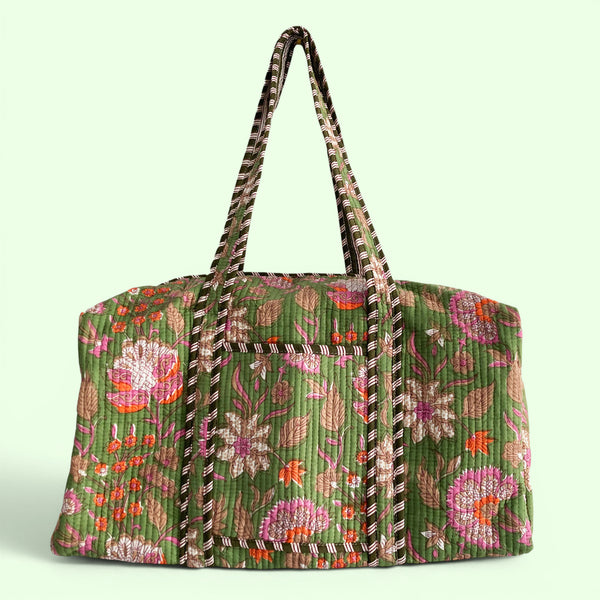 Green Floral Block Print Cotton Quilted Weekend Duffle Bag