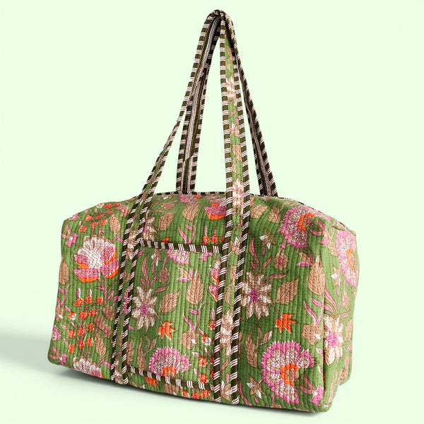 Green Floral Block Print Cotton Quilted Weekend Duffle Bag