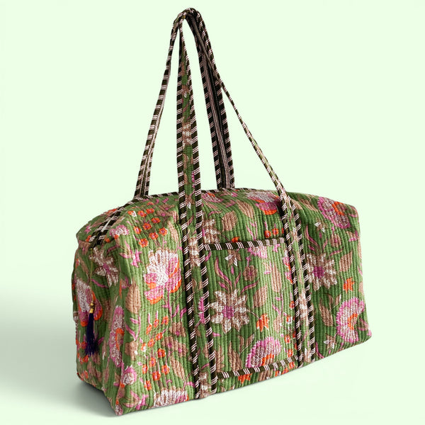 Green Floral Block Print Cotton Quilted Weekend Duffle Bag