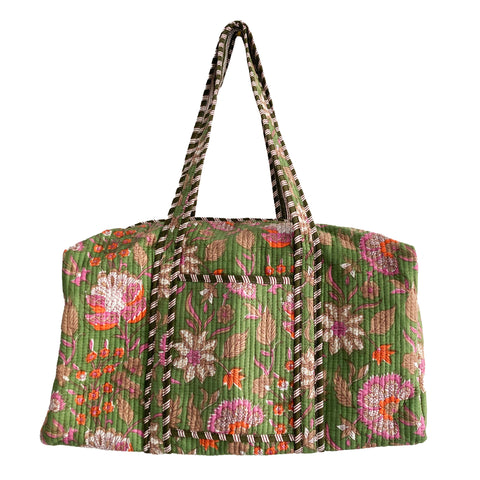 Green Floral Block Print Cotton Quilted Weekend Duffle Bag