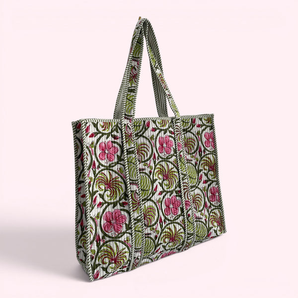 Green and Pink Floral Quilted Cotton Tote Bag