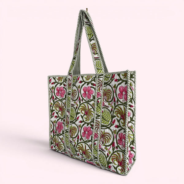 Green and Pink Floral Quilted Cotton Tote Bag