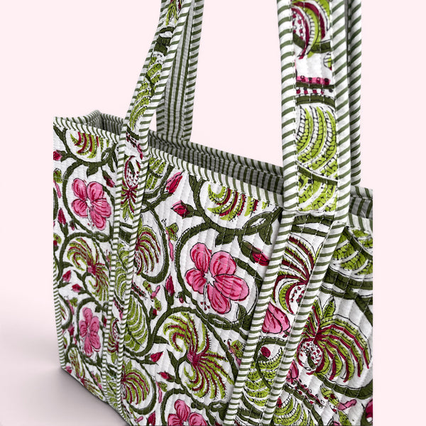 Green and Pink Floral Quilted Cotton Tote Bag