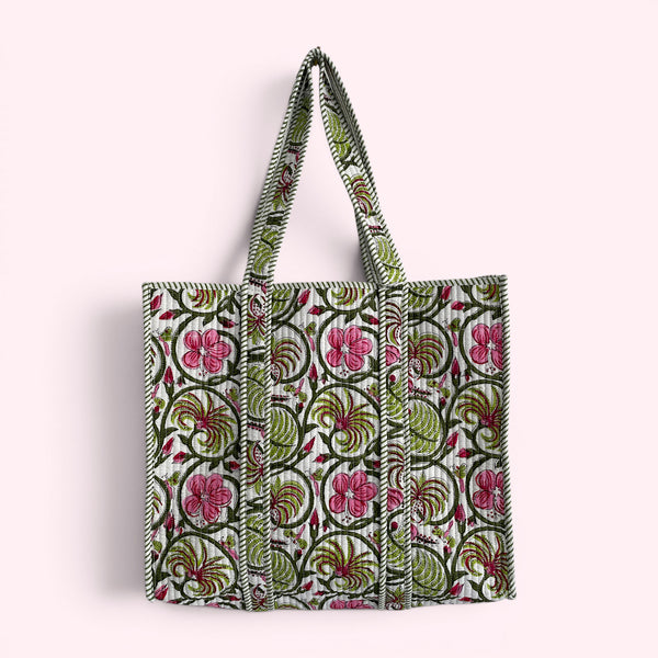 Green and Pink Floral Quilted Cotton Tote Bag
