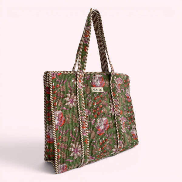 Green Floral Block Print Quilted Cotton Tote Bag