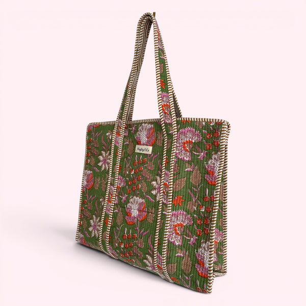 Green Floral Block Print Quilted Cotton Tote Bag
