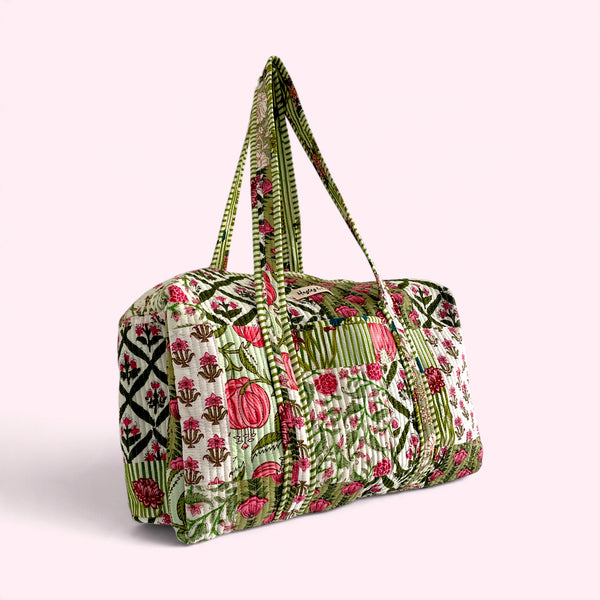 Green Patchwork Floral Block Print Cotton Quilted Weekend Duffle Bag