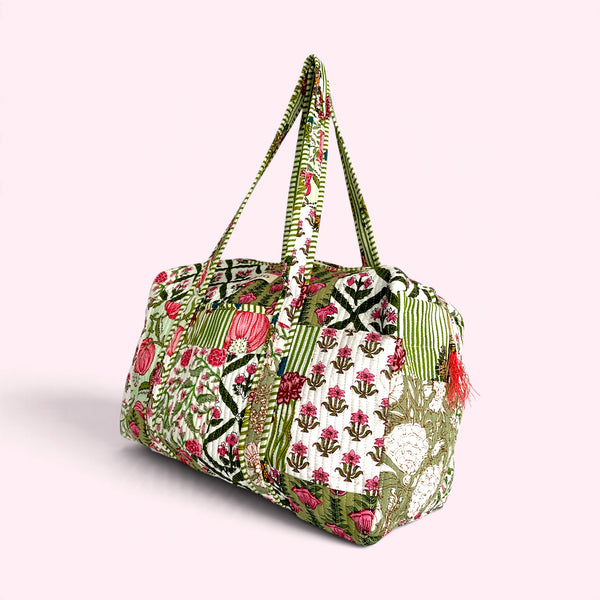 Green Patchwork Floral Block Print Cotton Quilted Weekend Duffle Bag