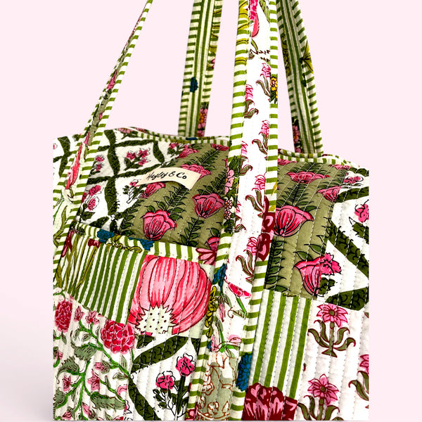 Green Patchwork Floral Block Print Cotton Quilted Weekend Duffle Bag
