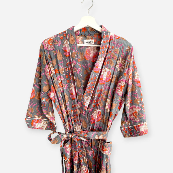 Grey and Pink Block Print Flower Print 100% Cotton Dressing Gown