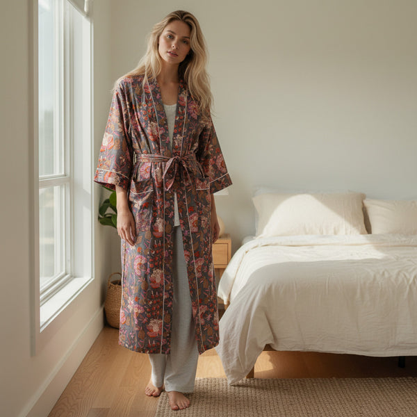 Grey and Pink Block Print Flower Print 100% Cotton Dressing Gown