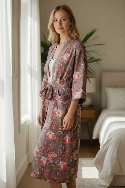 Grey and Pink Block Print Flower Print 100% Cotton Dressing Gown